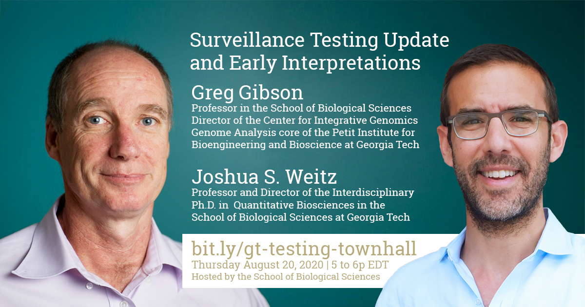 Join professors Joshua Weitz and Greg Gibson to hear updates, ask questions, and learn how widespread weekly testing helps our community.