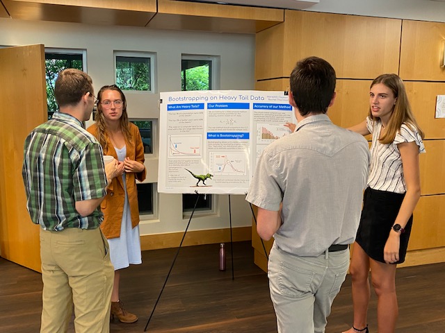 School of Mathematics REU attendees Rachel Thornton of the University of Texas (left) and Meredith Clayton of Stephen F. Austin University explain their research during a July 20 poster session. (Photo Renay San Miguel) 