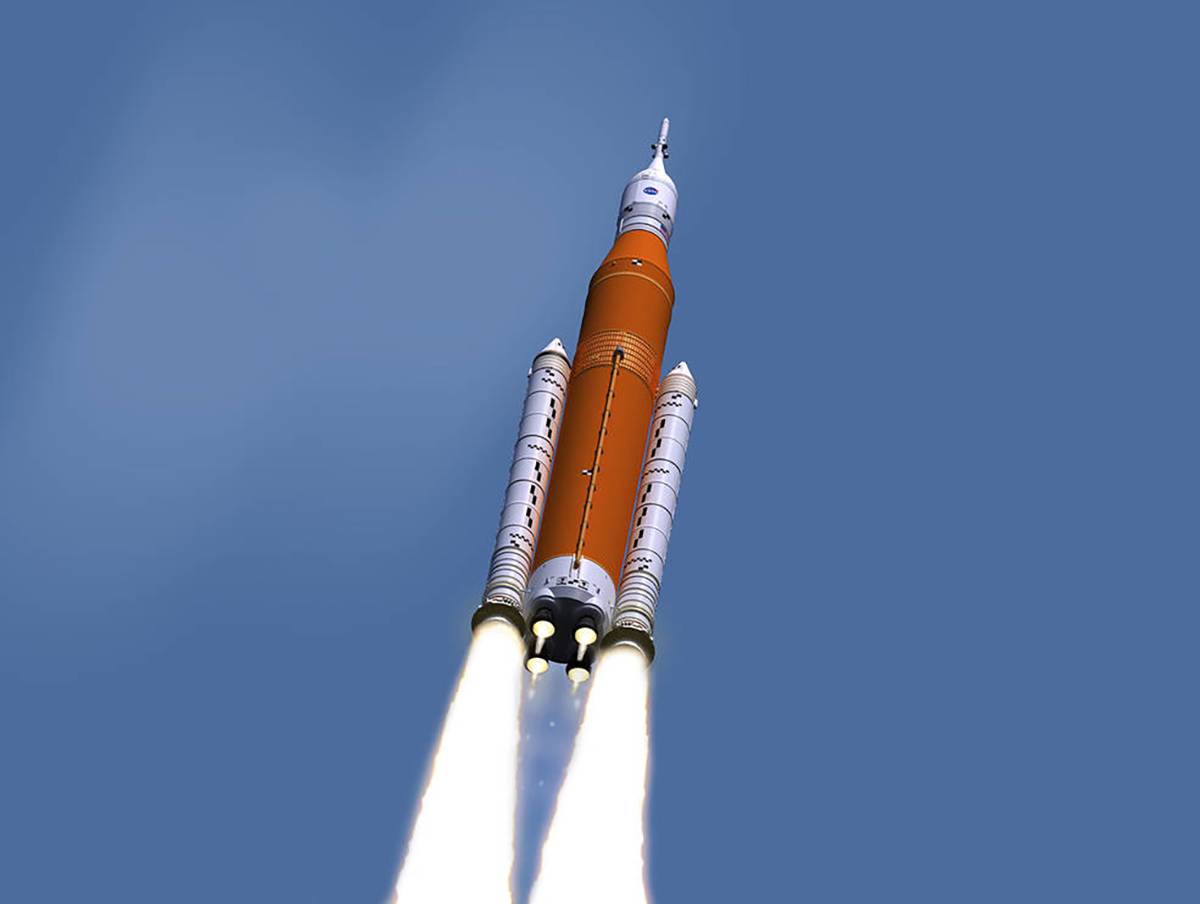 The Space Launch System (SLS), will send people to the moon. The SLS is designed to send humans to Mars one day. (courtesy: NASA)