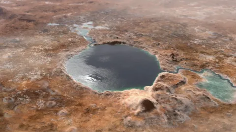 An illustration of Jezero Crater as it may have looked billions of years go on Mars, when it was a lake. Jezero Mons is visible on the front right-side of the crater rim. (Credit: NASA) An illustration of Jezero Crater as it may have looked billions of years go on Mars, when it was a lake. Jezero Mons is visible on the front right-side of the crater rim. (Credit: NASA)