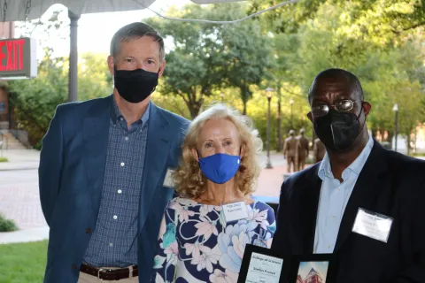 Jeff and Pam Leddy (left) with School of Chemistry and Biochemistry's Stefan France, winner of the Leddy Family Dean's Faculty Excellence Award (Photo Renay San Miguel) Jeff and Pam Leddy (left) with School of Chemistry and Biochemistry's Stefan France, winner of the Leddy Family Dean's Faculty Excellence Award (Photo Renay San Miguel)