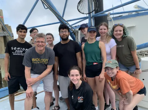 School of Biological Sciences Associate Professor Brian Hammer (2nd from left), teaching assistant Ahn Pham (3rd from left) and nine 2022 Aquatic Chemical Ecology (ACE) REU students on a trawl along the Georgia coast. School of Biological Sciences Associate Professor Brian Hammer (2nd from left), teaching assistant Ahn Pham (3rd from left) and nine 2022 Aquatic Chemical Ecology (ACE) REU students on a trawl along the Georgia coast.