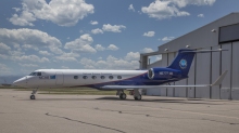 The NSF/NCAR Gulfstream V aircraft outside its hangar in Broomfield, Colorado. The research aircraft is being deployed to Korea as part of the ACCLIP campaign. (Photo: NASA/NCAR)