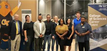 Alumni panel and organizers (from L to R): David Williamson, Ashley Zuniga, Austin Hope, Anthony Diaz, Maureen Metcalf, Leslie Roberts, Kristel Topping, Justin Burns, and James Stringfellow