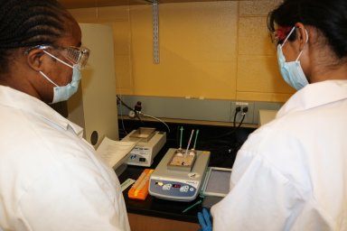 Martha Broadnax (left), chemistry major, and biochemistry major Varsha Bharadwaj conduct experiments in the Analytical Chemistry Lab. (Photo Renay San Miguel)